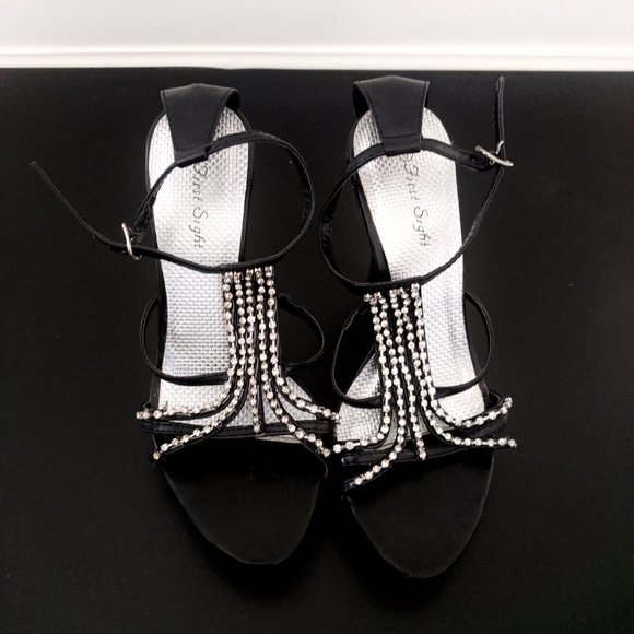 NEW Black Diamond Rhinestone Strappy Stiletto Heels - Picture 3 of 15